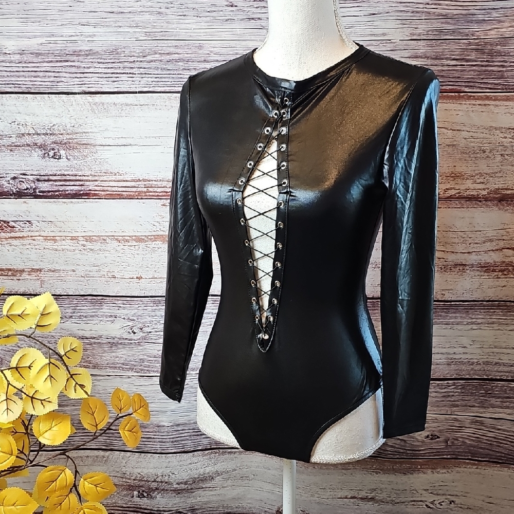 NEW BLACK FAUX LEATHER CRISS CROSS LACE-UP LONG SLEEVE BODYSUIT